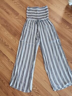 Smocked Strapless Wide-Leg Jumpsuit - Grey & White Stripes
